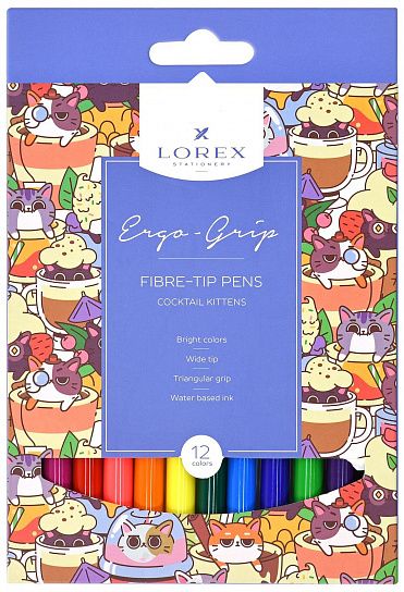 Фломастеры LOREX ERGO-GRIP COCKTAIL KITTENS 12 цветов, с трехгранным захватом, картонная упаковка
