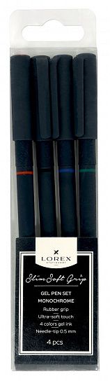 Набор ручек гелевых LOREX MONOCHROME, серия "Slim Soft Grip", 4 цвета чернил, круглый прорезиненный корпус, резиновый грип, игловидный након