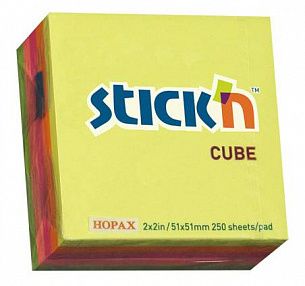 Блок самоклеящийся STICKN 51х51 мм, 250 листов, 5 цветов, неон