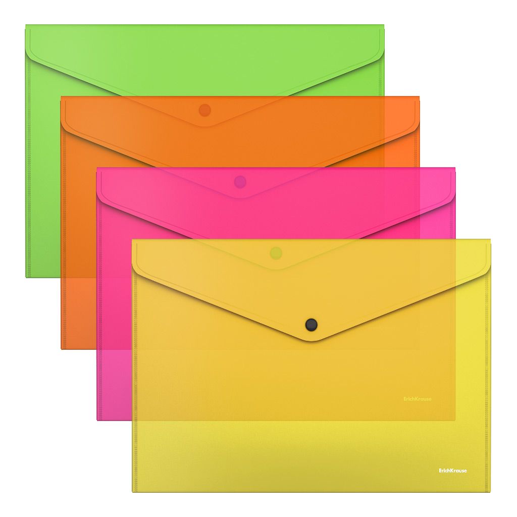 Пластиковый конверт ErichKrause Glossy Neon А4, на кнопке, непрозрачный ...