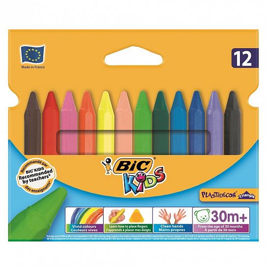 Пластиковые мелки BIC KIDS PLASTIDECOR 12 цветов трехгранные 1+