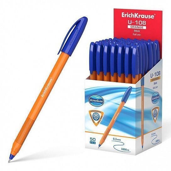 Ручка шариковая ErichKrause ULTRA GLIDE TECHNOLOGY U-108 синяя 1 мм, оранжевый трехгранный корпус, игольчатый наконечник