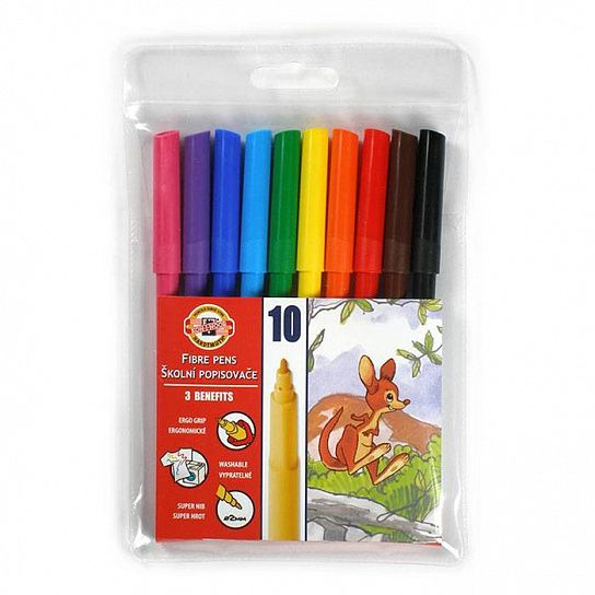 Фломастеры KOH-I-NOOR ЗВЕРИ 10 цветов пластиковая упаковка треугольный корпус смываемые