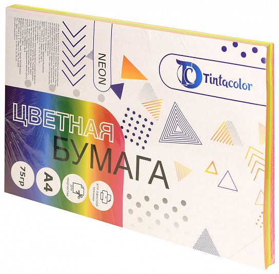 Бумага цветная Tintacolor, формат А4, 75 гр./м2, МИКС, 200 листов (4 цвета по 50 листов), неон