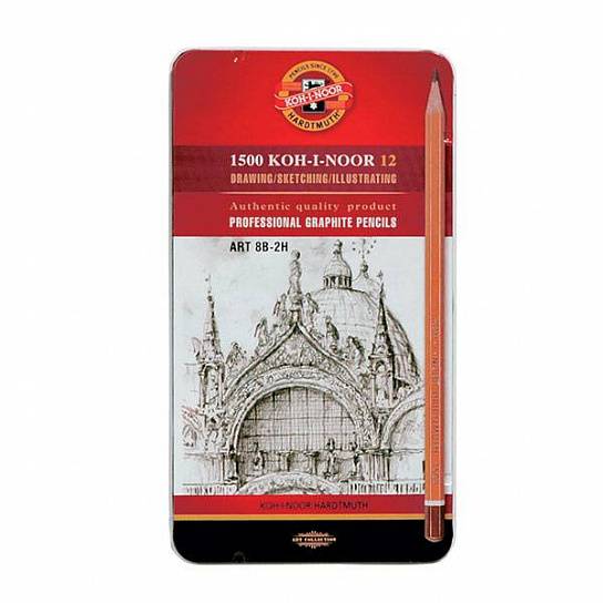 Набор чернографитных карандашей KOH-I-NOOR 1502, 12 шт., 8B-2H, заточенные, шестигранные, металлической коробке