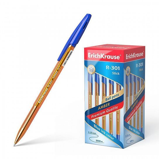 Ручка шариковая ErichKrause Original Stick R-301 синяя 0,7 мм, шестигранный корпус, грип, игольчатый наконечник