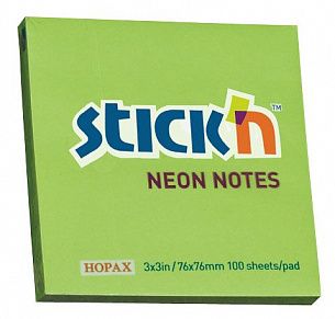 Блок самоклеящийся Stick`n 76x76 мм, 100 листов, зеленый неон