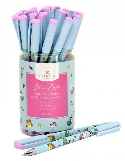 Ручка масляная LOREX ILLEGALLY CUTE.CAT-MERMAID Slim Soft синяя 0,5 мм, синий круглый корпус, покрытие ultra-soft touch, игольчатый наконечн