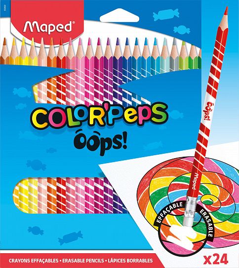 Карандаши цветные MAPED COLOR'PEPS OOPS пластиковые, 24 цвета, трехгранные с ластиком, картонная упаковка