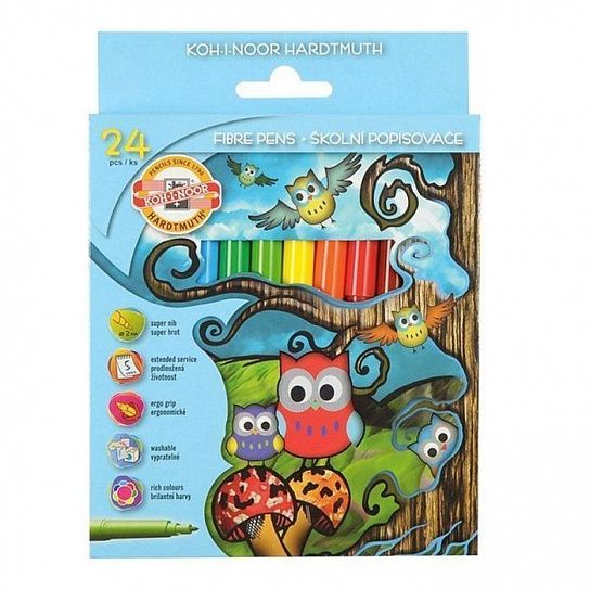 Фломастеры Koh-I-Noor OWLS 1012 классические 24 цв. круглый корпус, легкосмываемые, картонная упаковка