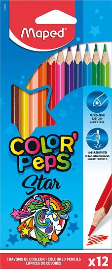 Карандаши цветные MAPED COLOR'PEPS из американской липы, 12 цветов, трехгранные, ударопрочный грифель, в картонном футляре