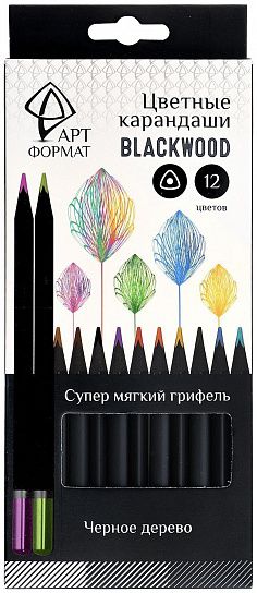 карандаши цветные АРТформат Blackwood 12 цветов, супер мягкий грифель, трехгранные, черное дерево