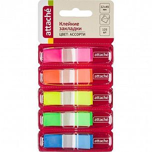 Закладки клейкие 12 мм х 45 мм 25 шт 5 цв. ассорти неон прямоуг. пластик диспенсер