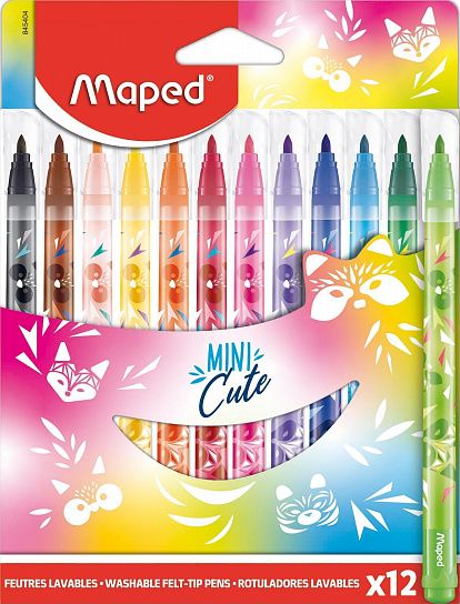 Фломастеры MAPED MINI CUTE с заблокированным пишущим узлом, декорированные, средний пишущий узел, смываемые, в картонном футляре, 12 цветов