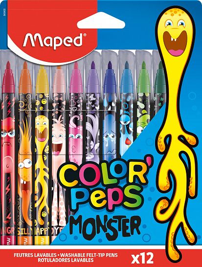 Фломастеры MAPED COLOR'PEPS MONSTER с заблокированным пишущим узлом, средний пишущий узел, смываемые, декорированные, в картонном футляре, 12 цветов