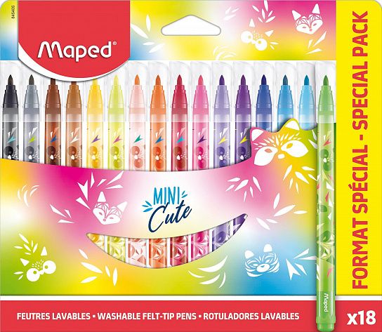 Фломастеры MAPED MINI CUTE с заблокированным пишущим узлом, декорированные, средний пишущий узел, смываемые, в картонном футляре, 18 цветов