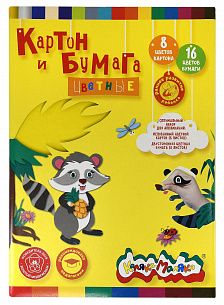 Набор картон цветной мелованный А4 Каляка-Маляка, 8 цветов 8 листов, 210 г/м2, +2-сторонняя цветная бумага, 16 цветов 8 листов, 80г/м2 , в п