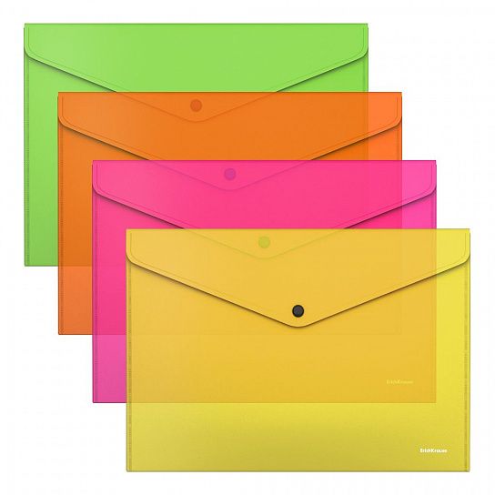 Пластиковый конверт ErichKrause Glossy Neon А4, на кнопке, непрозрачный 180 мкм, ассорти