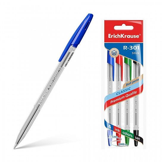 Набор шариковых ручек ErichKrause R-301 Classic Stick 4 цвета 1 мм шестигранный корп.