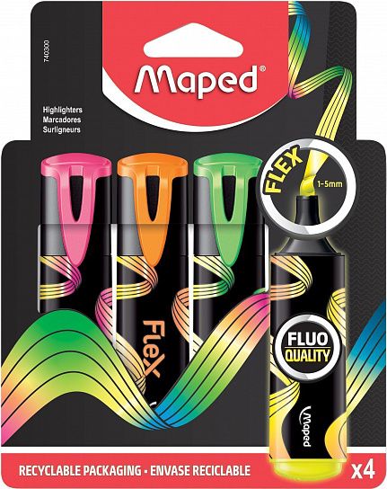 Набор текстовых маркеров MAPED FLUO PEP'S FLEX , гибкий наконечник, 1—5 мм, ассорти, в блистере, 4 шт.
