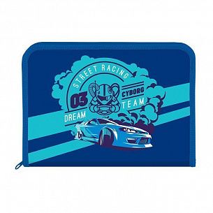 Папка для труда А4 Schoolformat STREET RACING синяя, пластик, полиэстер, молния с 3 сторон, откидная планка, для мальчиков