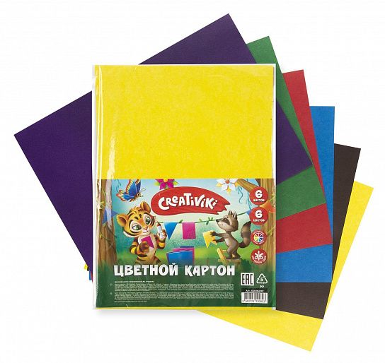 Картон цветной Creativiki 6 цв. 6 л. немелованный А4- 200х275 мм 190 г/м2, в пакете