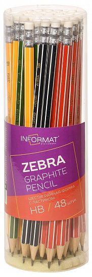 Карандаш чернографитный деревянный INFORMAT Zebra НВ с ластиком, заточенный, шестигранный, принт на корпусе, тубус