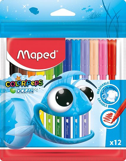 Фломастеры MAPED COLOR'PEPS OCEAN с заблокированным пишущим узлом - супер смываемые ,в пакете с подвесом 12 шт