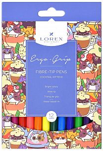 Фломастеры LOREX ERGO-GRIP COCKTAIL KITTENS классические 12 цв. круглый корпус, стандартные, картонная упаковка