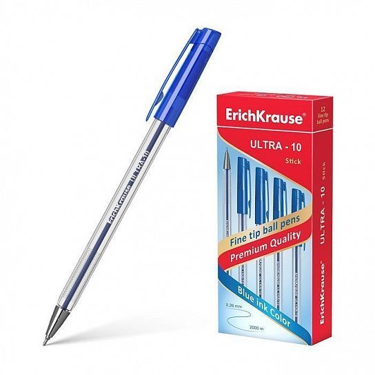 Ручка шариковая ErichKrause ULTRA-10 синяя 0,7 мм, прозрачный шестигранный корпус, игольчатый наконечник