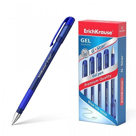 Ручка гелевая ErichKrause G-STAR 0,5 мм синяя, круглый корпус, грип