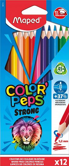 Карандаши цветные MAPED COLOR'PEPS STRONG повышенной прочности, пластиковые, 12 цветов, трехгранные, в картонной коробке с подвесом
