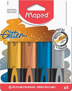 Набор текстовых маркеров MAPED FLUO PEP'S GLITTER с блестками, 1—5 мм, 4 цвета металлик, в блистере