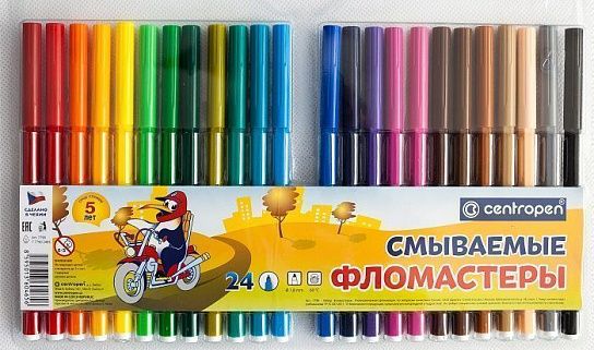 Фломастеры Centropen ПИНГВИНЫ смываемые 24 цв. шестигранный корпус, стандартные, блистер