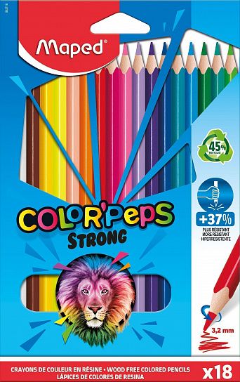 Карандаши цветные MAPED COLOR'PEPS STRONG повышенной прочности, пластиковые, 18 цветов, трехгранные, в картонной коробке с подвесом