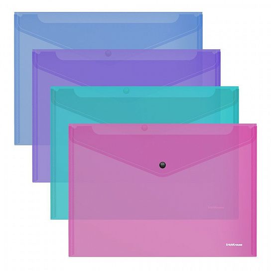 Пластиковый конверт ErichKrause Fizzy Vivid А4, на кнопке, прозрачный 140 мкм, ассорти