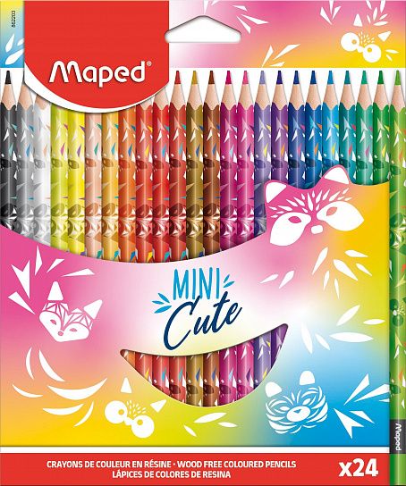 Карандаши цветные MAPED MINI CUTE пластиковые, 24 цвета, трехгранные, декорированные, в картонной коробке с подвесом