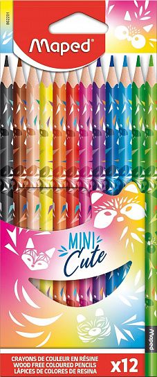 Карандаши цветные MAPED MINI CUTE пластиковые, 12 цветов, трехгранные, декорированные , в картонной коробке с подвесом