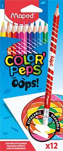 Карандаши цветные MAPED COLOR'PEPS OOPS пластиковые, 12 цветов, трехгранные, корпус с ластиком, картонная упаковка