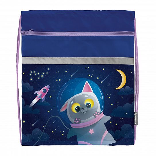 Мешок для обуви Schoolformat SPACE CAT 49х41 см синий, 1 отделение с большим карманом на молнии, для девочек