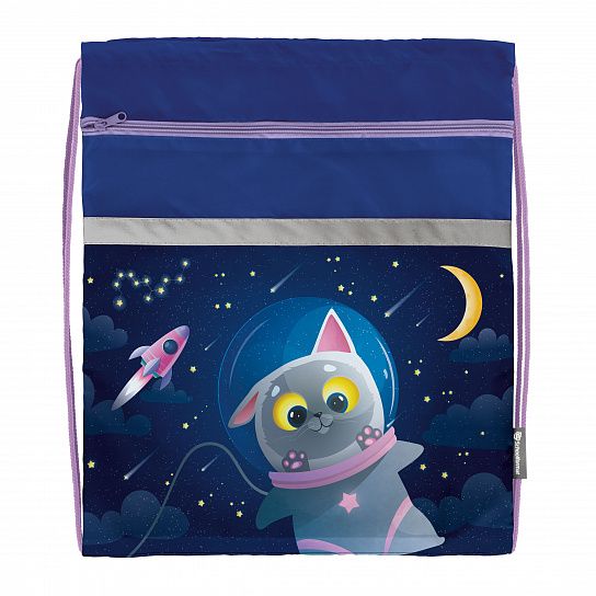 Мешок для обуви Schoolformat SPACE CAT 49х41 см, синий, 1 отделение, с большим карманом на молнии, для девочек
