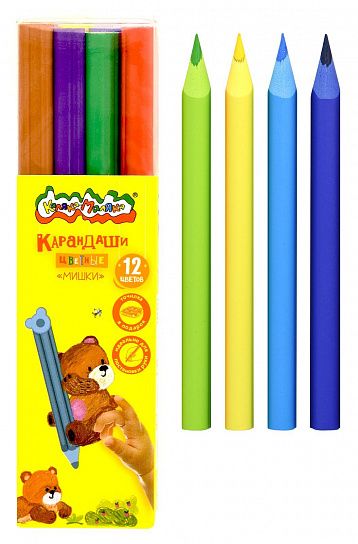 Набор цветных карандашей Каляка-Маляка Jumbo Мишки 12 цветов, с точилкой, утолщенный грифель 4мм, 2/3 станд. длины, фигурная форма, пластик