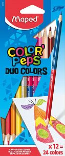 Карандаши цветные двусторонние MAPED COLOR'PEPS из американской липы, 24 цвета, 12 шт., трехгранные, ударопрочный грифель, в картонном футля