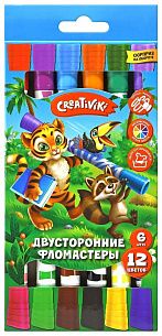 Фломастеры двусторонние Creativiki, 6 штук, 12 цветов, круглый корпус, картонная упаковка