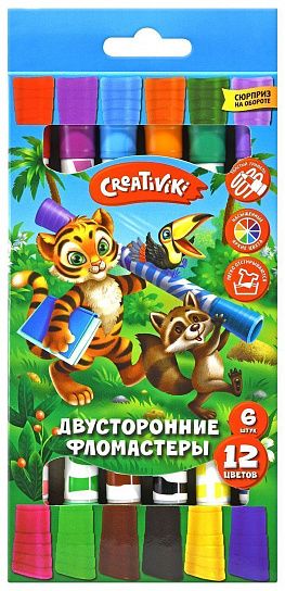 Фломастеры двусторонние Creativiki, 6 штук, 12 цветов, круглый корпус, картонная упаковка