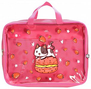 Папка для труда с 2 ручками А4 широкая Schoolformat STRAWBERRY CAT розовая, ПВХ, молния сверху, для девочек