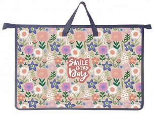 Папка для труда с 2 ручками А3 широкая Schoolformat FLOWER PRINT бежевая, пластик, полиэстер, молния сверху, для девочек