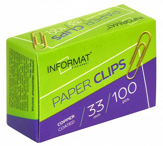 Скрепки INFORMAT 33 мм 100 шт., классические, омедненные, картонная упаковка