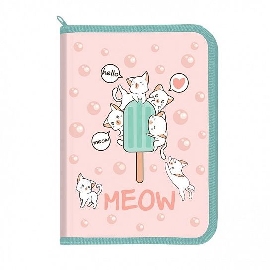 Папка для труда А4 Schoolformat KAWAII CATS розовая, пластик, полиэстер, молния с 3 сторон, откидная планка, универсальная