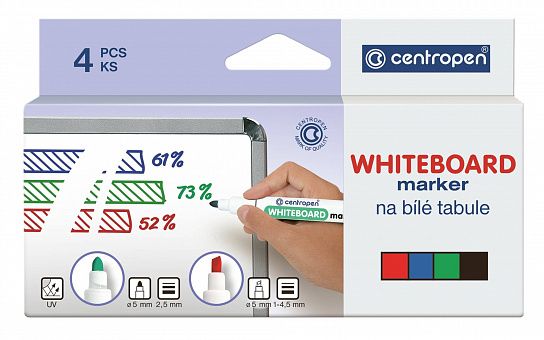 Набор маркеров для белых досок Centropen WHITE BOARD 2,5 мм ассорти, круглый наконечник, 4 шт